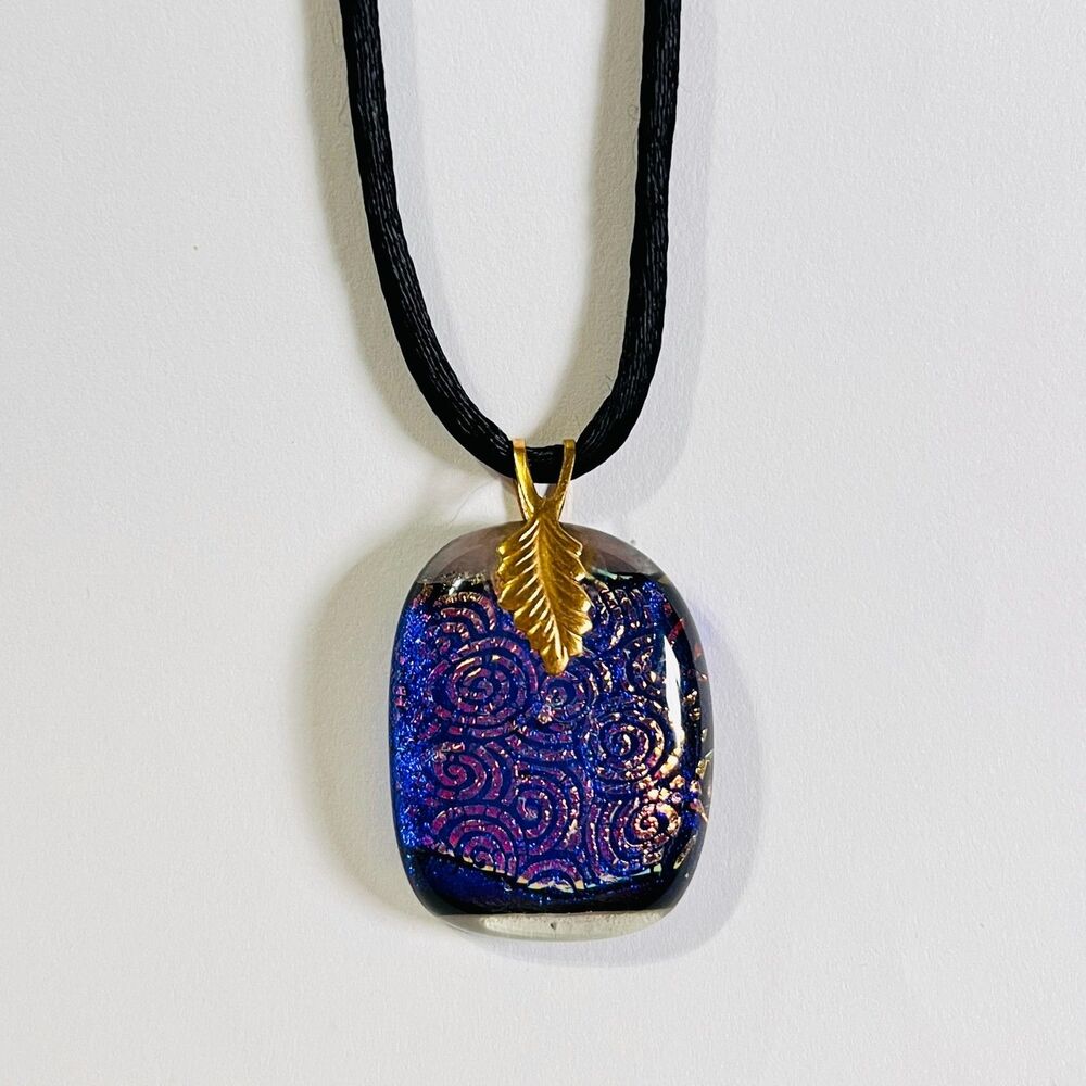 Blue Dichroic Glass Pendant Necklace Gold Tone Leaf Swirl Foil Handmade Artist